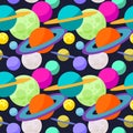 Bright cosmic seamless pattern background with funny cartoon planets in open space