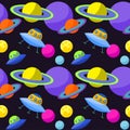 Bright cosmic seamless pattern background with funny cartoon ufo and planets in open space