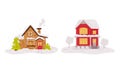 Bright cosy wooden houses with glowing windows. snowy rooftops and smoke in chimney flat vector illustration