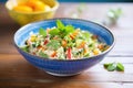 bright couscous salad with parsley in a blue bowl