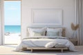 Bright cozy bedroom in hotel with large window, picture bed on white wall and sea view. Generative AI Royalty Free Stock Photo