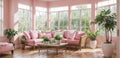 bright cozy living room tips and ideas with pink color, big windows, a high ceiling, and a wooden floor. Generative AI.