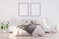 Bright and cozy modern bedroom interior design, light walls, gray blanket,soft pillows, white furniture. 3D render Royalty Free Stock Photo