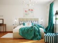 Bright and cozy modern bedroom interior design with white walls, turquoise curtains and blanket Royalty Free Stock Photo