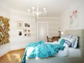 Bright and cozy modern bedroom interior design with white walls, turquoise curtains and blanket Royalty Free Stock Photo