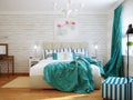 Bright and cozy modern bedroom interior design with white walls, turquoise curtains and blanket