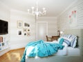 Bright and cozy modern bedroom interior design with white walls, turquoise curtains and blanket Royalty Free Stock Photo