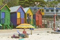 Bright Crayon-Colored Beach Huts at St James, False Bay on Indian Ocean, outside of Cape Town, South Africa Royalty Free Stock Photo