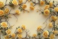 Bright cream background. Intricate creative floral frame with yellow roses. Vignette fantasy rose frame