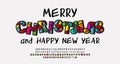 Bright creative greeting poster Merry Christmas and Happy New Year. Ornate mosaic style font and handwritten lettering