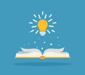 Bright creative idea light bulb over open book, Think idea concept, Flat style vector illustration Royalty Free Stock Photo