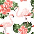 Bright crimson camelia flowers, exotic pink flamingo birds, tropical monstera philodendron green leaves seamless pattern