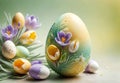 Bright crocus buds and transparent Easter egg on a pastel background Royalty Free Stock Photo