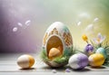 Bright crocus buds and transparent Easter egg on a pastel background Royalty Free Stock Photo