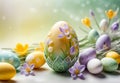 Bright crocus buds and transparent Easter egg on a pastel background Royalty Free Stock Photo