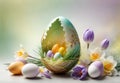 Bright crocus buds and transparent Easter egg on a pastel background Royalty Free Stock Photo
