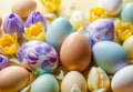 Bright crocus buds and transparent Easter egg on a pastel background Royalty Free Stock Photo