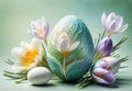 Bright crocus buds and transparent Easter egg on a pastel background Royalty Free Stock Photo
