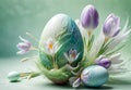 Bright crocus buds and transparent Easter egg on a pastel background Royalty Free Stock Photo