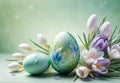 Bright crocus buds and transparent Easter egg on a pastel background Royalty Free Stock Photo