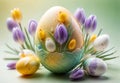 Bright crocus buds and transparent Easter egg on a pastel background Royalty Free Stock Photo
