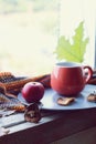 Bright cup with coffee on a window background, apples on a plate, warm scarf, leaves