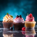 Bright cupcakes, raspberries, blueberries, caramel on a blue background. Delicious dessert