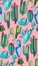 Bright cute beautiful abstract lovely mexican tropical floral herbal summer green cactus paint like child on pink background vecto
