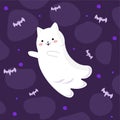 Bright, cute, cartoon illustration of a ghost cat and bats Royalty Free Stock Photo