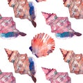 Bright cute graphic lovely beautiful wonderful summer fresh marine beach colorful seashells and starfishes pattern watercolor hand