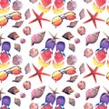 Bright cute graphic lovely beautiful wonderful summer fresh marine beach ocean colorful pattern of sea shells, starfishes, flip fl