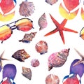 Bright cute graphic lovely beautiful wonderful summer fresh marine beach ocean colorful pattern of sea shells, starfishes, flip fl