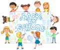 Cute Kids hold banner back to school with painted childrens draw