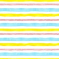 Bright cute watercolor seamless pattern with pink, yellow and blue horizontal strips and lines on white background.