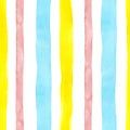 Bright cute watercolor seamless pattern with pink, yellow and blue vertical strips and lines on white background. Royalty Free Stock Photo