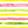 Bright cute watercolor seamless pattern with pink, yellow and green horizontal strips and lines on white background. Striped Royalty Free Stock Photo