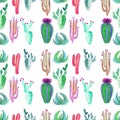 Bright cute wonderful mexican tropical floral summer green pattern of a colorful cactus with flowers vertical pattern like child p Royalty Free Stock Photo