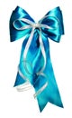 Bright cyan bow with silver ribbon made from silk Royalty Free Stock Photo