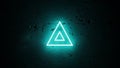 Bright cyan neon triangle symbol glowing on a dark textured wall surface Royalty Free Stock Photo
