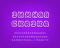 Bright Cyrillic alphabet. Bubble 3D vector font with purple ice texture, white snowflakes and shiny stars. Uppercase