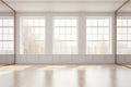 Bright dance hall with windows. Class with a bar for ballet lessons and choreography