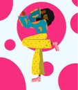 bright dancing girl with tile disco with afro on the background of big pink circles