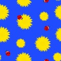 Bright Dandelion yellow flowers with red ladybugs seamless pattern. Spring or summer floral pattern on blue background Royalty Free Stock Photo