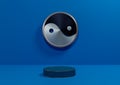 Bright, dark, pastel blue 3D rendering product display background simple, minimal with metallic Yin and yang symbol podium or Royalty Free Stock Photo