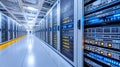 Bright Data Center Room with Rows of Blue Lit Servers and Network Royalty Free Stock Photo