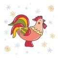 Bright decorative rooster with snowflakes. Symbol of chinese new year