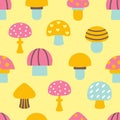 Bright different types of mushrooms set. Card in cartoon style o