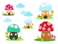 Bright different types of mushrooms set. Card in cartoon style