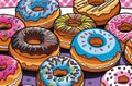 Bright digital cartoon-style image of a multitude of colorful assorted donuts, close up Royalty Free Stock Photo