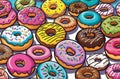 Bright digital cartoon-style image of a multitude of colorful assorted donuts, solid background Royalty Free Stock Photo